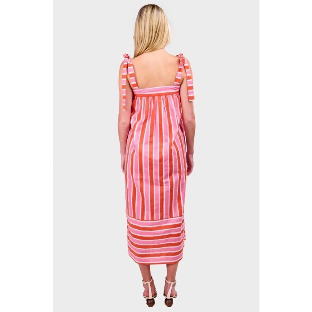 Pink City Prints Raspberry Stripe Palma Dress Small Tie Strap Midi Pockets - Picture 3 of 9